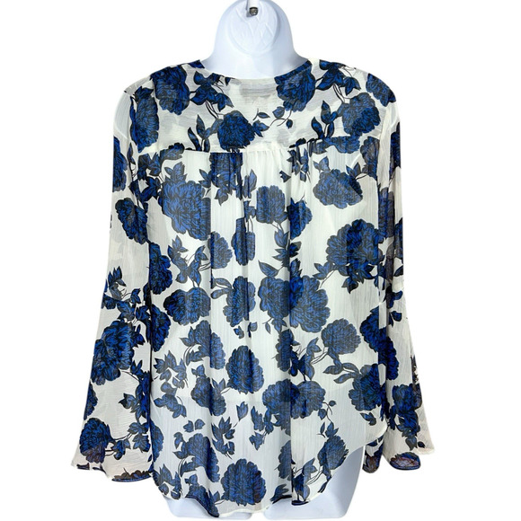 Curations Blue Floral Blouse Sz XS Bell Sleeve V-Neck Top Lined Layered Tank - Picture 7 of 8